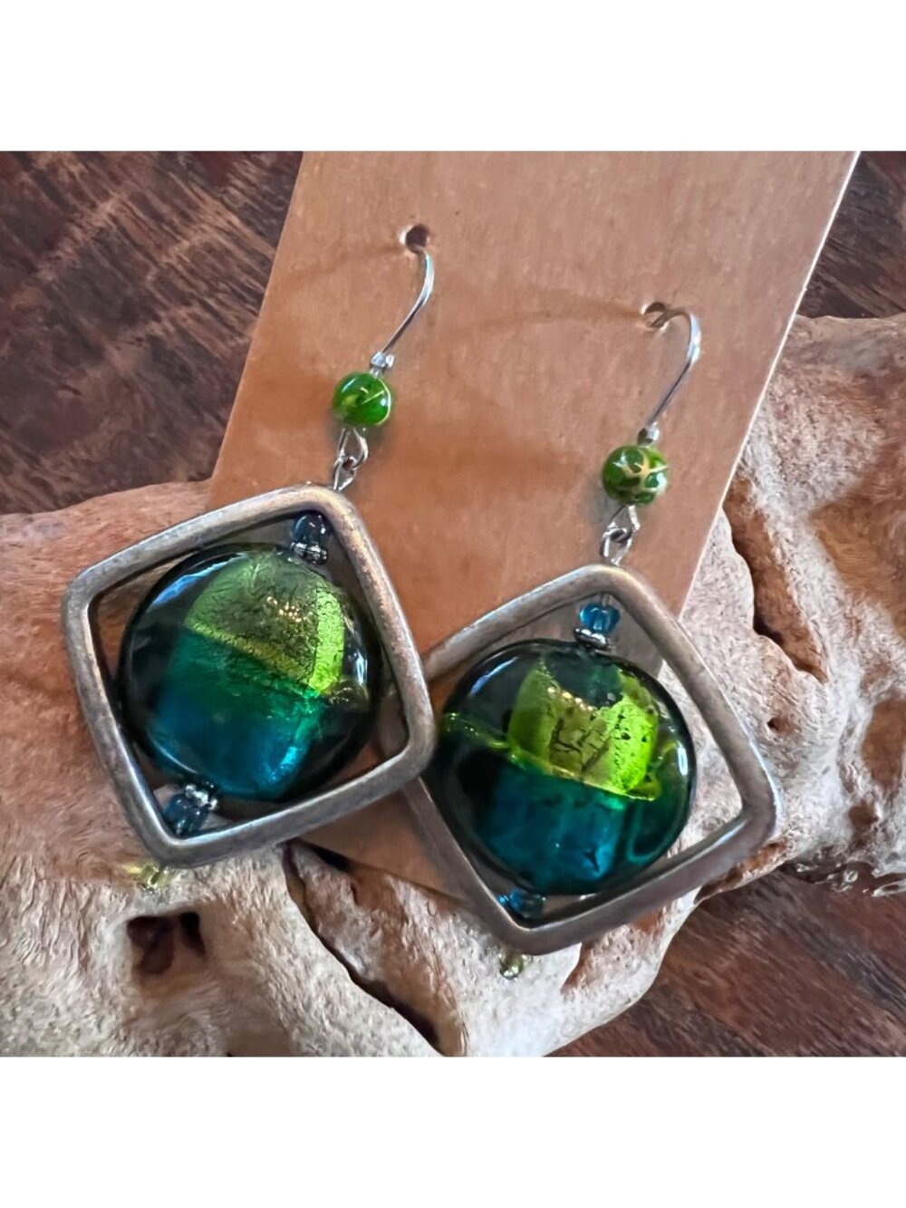 Handmade Green & Blue Dichroic Glass Drop Earrings With Square Metal Frame